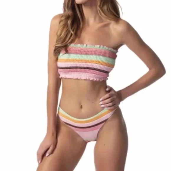 Phax Striped Smocked Strapless Bikini Swimsuit 2Pc Two Piece Set - Picture 1 of 4